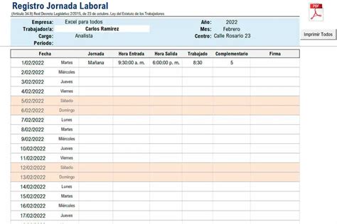 Plantilla Registro De Jornada Laboral Excel