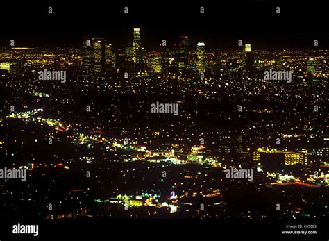 Downtown Los Angeles skyline at night Stock Photo - Alamy