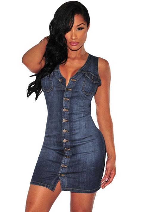 Women Short Blue Sleeveless Denim Button Up Dress Online Store For Women Sexy Dresses