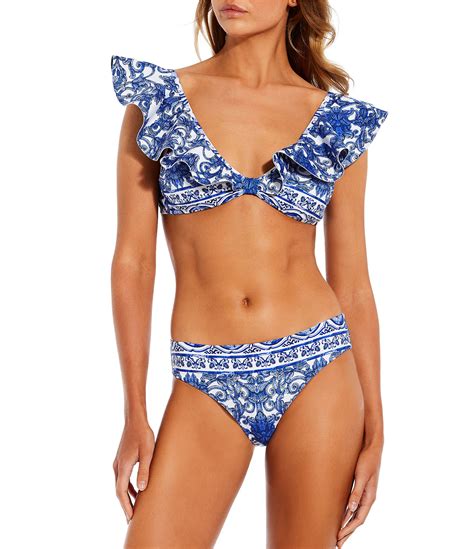 Antonio Melani Ornate Border Bonded Ruffle Bralette Swim Top And Ornate Border Classic Hipster