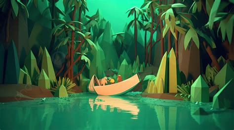 Low Poly Illustration Of A Boat In A Jungle Background 3d Low Poly