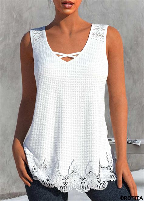 Rotita Lace White V Neck Tank Top Rotita Usd