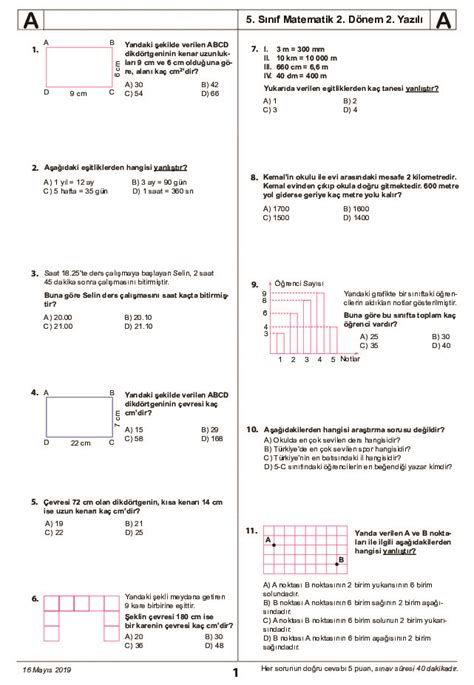 5 Sınıf Matematik 5 Sınıf matematik 2 Dönem 2 Yazılı A Yazılı