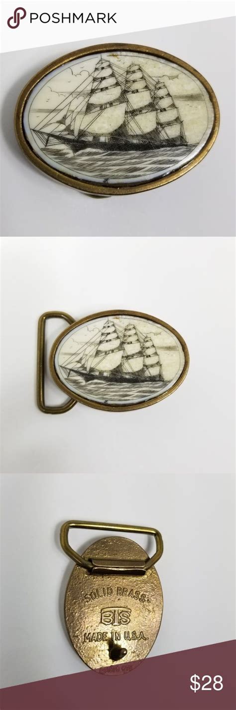 Vintage Bts Belt Buckle Scrimshaw Ship Solid Brass