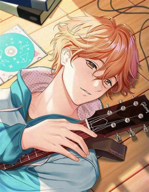 An Anime Character Laying On The Floor With His Guitar