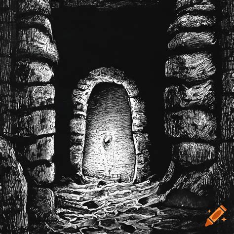 Black And White Ink Drawing Of A Megalithic Barrow Tomb Hallway With