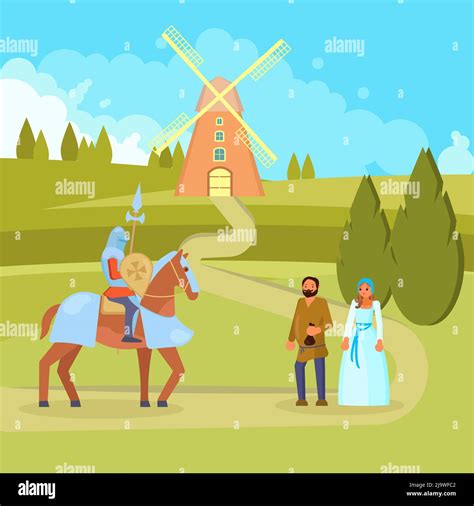 Medieval Scene Knight Peasants Vector Illustration Stock Vector Image