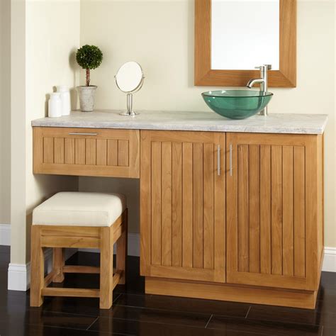 Montara Teak Vessel Sink Vanity With Makeup Area Bathroom Wood