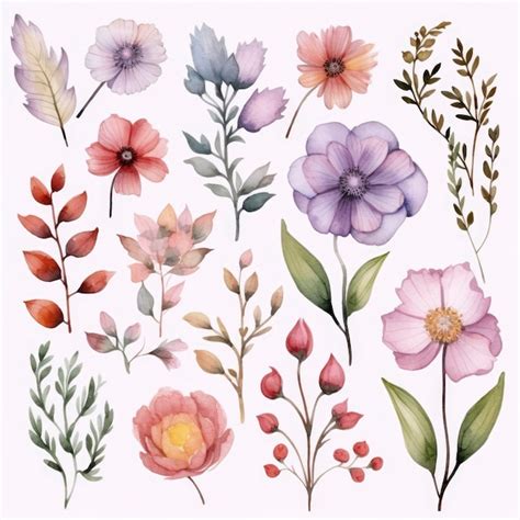 Premium Photo Watercolor Flower Clipart Set