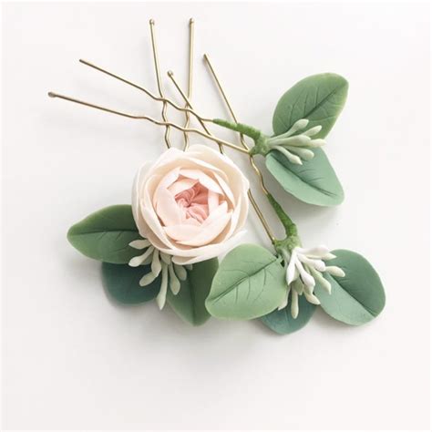 Set Of 3 Bridal Eucalyptus Blush Hair Pins Floral Hair Pieces Etsy