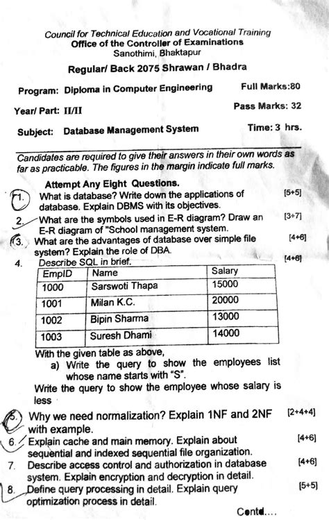 Database Management System Question Papers Ctevt