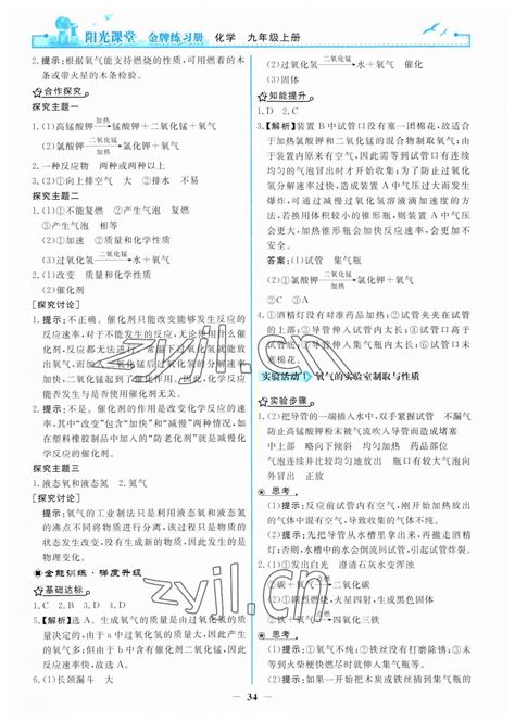 2023年阳光课堂金牌练习册九年级化学上册人教版答案青夏教育精英家教网