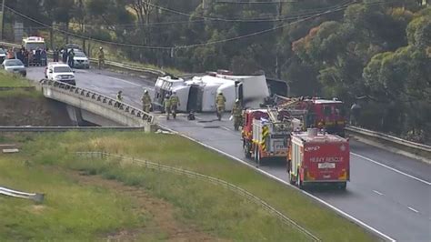 Melbourne Traffic Truck Crash Calder Freeway Hanging Off Bridge