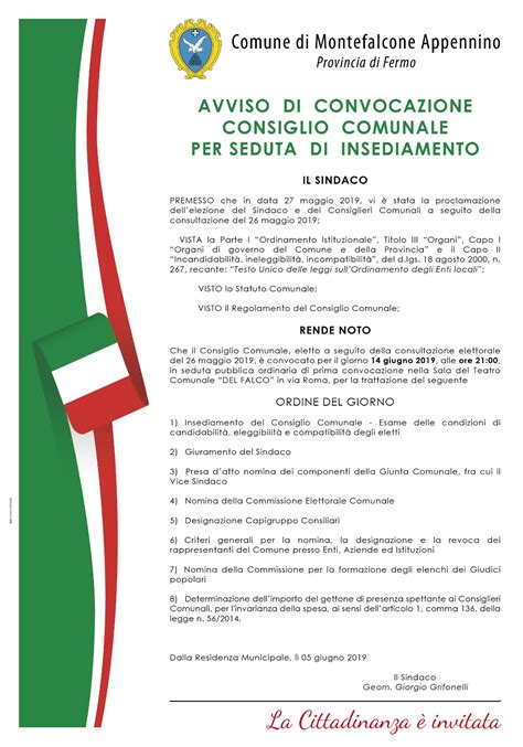 Avviso Di Convocazione Consiglio Comunale Per Seduta Di Insediamento