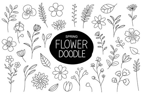 Spring Flowers Doodle In Hand Drawn Style Floral And Leaves Elements With Spring Flowers