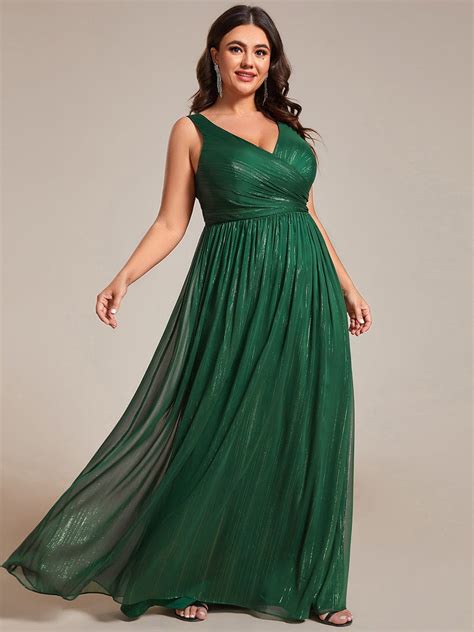 Explore Plus Size V Neck Sleeveless Glitter A Line Formal Dress Ever