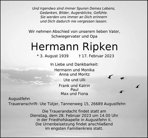 Traueranzeigen Von Hermann Ripken Nordwest Trauer De