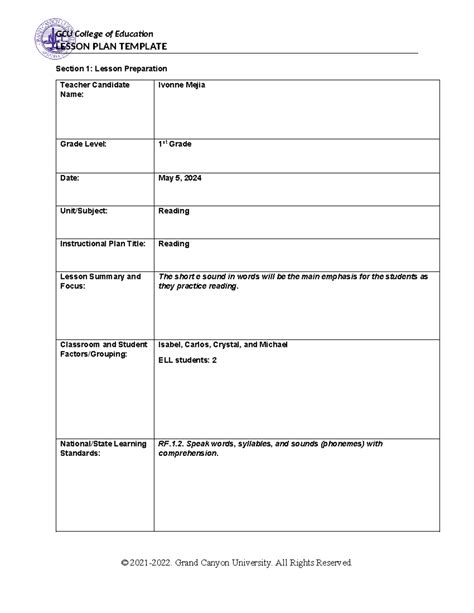 ELM315 Clinical Field Experience D LESSON PLAN TEMPLATE Section 1