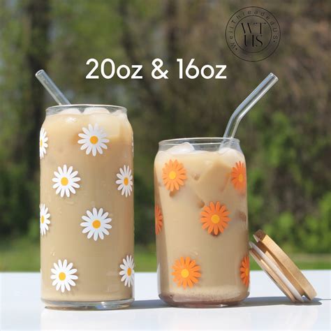 Daisy Cup Iced Coffee Glass Floral Glass Can With Lid Straw Cute Daisy