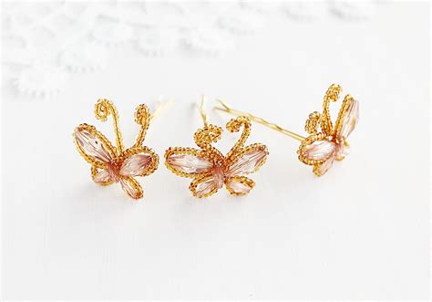 Butterfly Bobby Pins Bridal Hair Pins Gold Wedding Clips Beaded