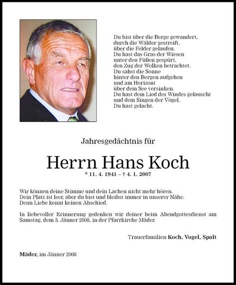 Todesanzeigen Von Hans Koch Todesanzeigen Vorarlberger Nachrichten