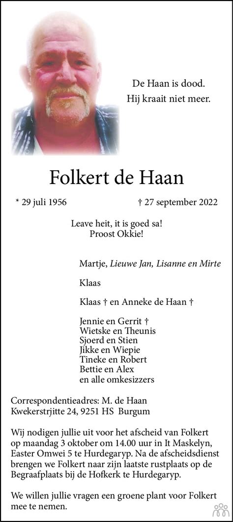 Folkert De Haan 27 09 2022 Overlijdensbericht En Condoleances