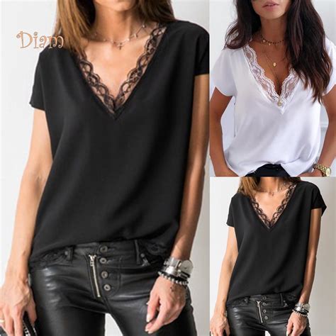 Buy Top Fashion Women Sexy Lace Patchwork Deep V Neck Short Sleeve