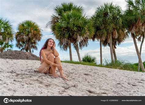 Beautiful Brunette Bikini Model Enjoys Weather Outdoors Beach Stock