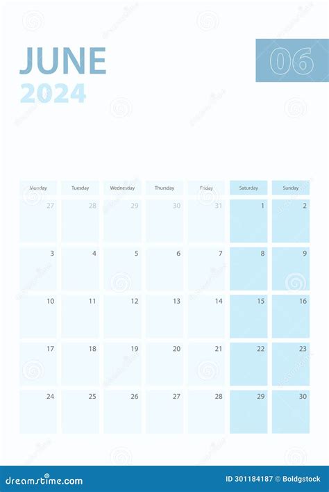 Vertical Calendar Page Of June 2024 Week Starts From Monday Stock Vector Illustration Of