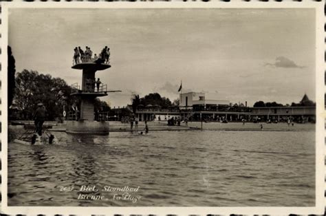 Ansichtskarte Postkarte Biel Bienne Kt Bern Strandbad Sprungturm