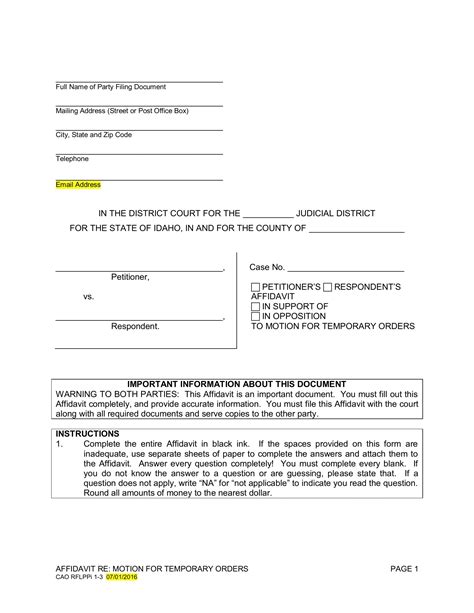 Motion For Temporary Orders Idaho Pdf Form Formspal