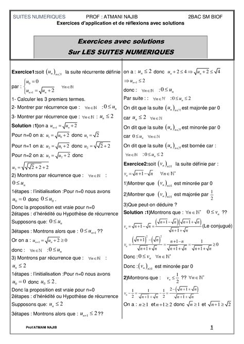 Suites Numériques Corrigé Série Dexercices 1 Alloschool