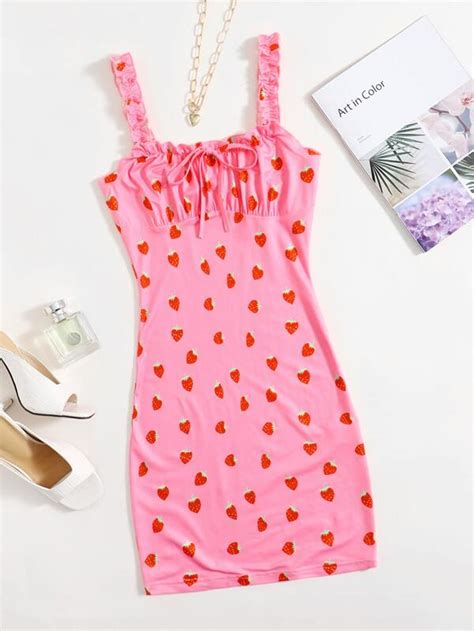 Shein Qutie Frilled Strap Ruched Bust Strawberry Print Bodycon Dress