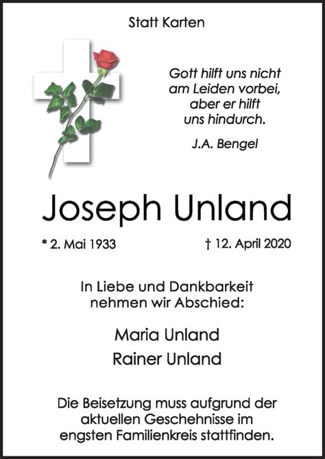 Traueranzeigen Von Joseph Unland Noz Trauerportal