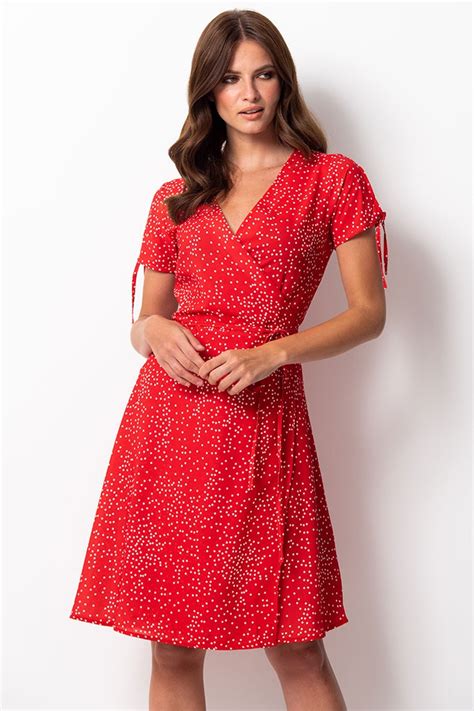 Red And White Polka Dot Tie Sleeve Wrap Dress