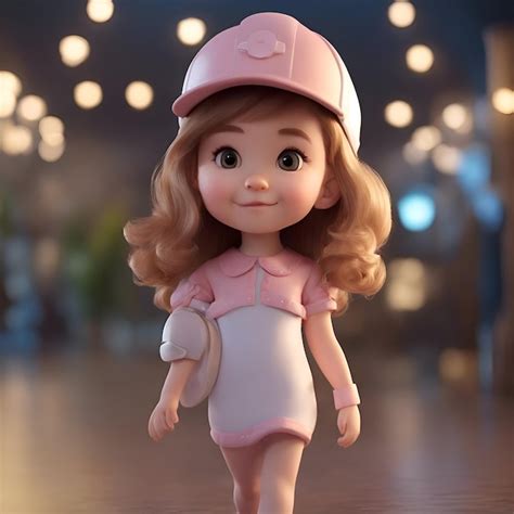 Rendu 3D D Une Petite Fille Dans Un Chapeau Et Une Robe Roses Image