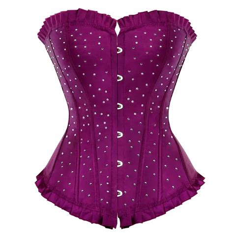 Women Sexy Corset Bustier With Rhinestone Gothic Lace Up Boned Overbust Satin Corselet Lingerie