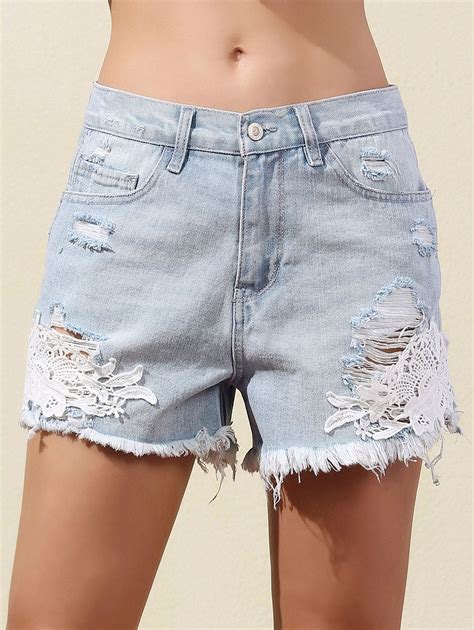 Lace Panel Straight Leg Denim Shorts Light Blue Straight Leg Denim