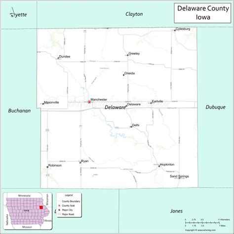 Map of Delaware County, Iowa showing cities, highways & important ...