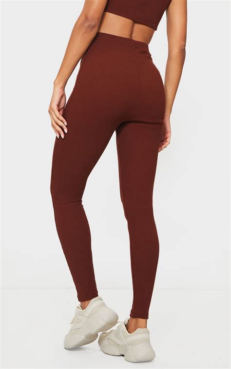 Brown High Waisted Rib Leggings Co Ords Prettylittlething Ie