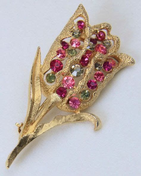 Vintage Coro Gold Tone Pink And White Rhinestone Tulip Flower Brooch Pin