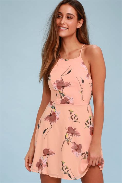 Lovely Blush Pink Floral Print Dress Lace Up Skater Dress Lulus