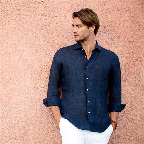 Navy Blue Classic Linen Shirt Made In Italy Luca Faloni Linen