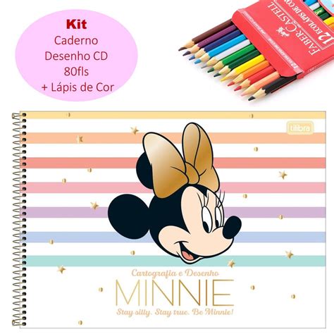 Kit Caderno de Desenho Minnie 80fls Capa Dura Adesivo Tilibra Lápis