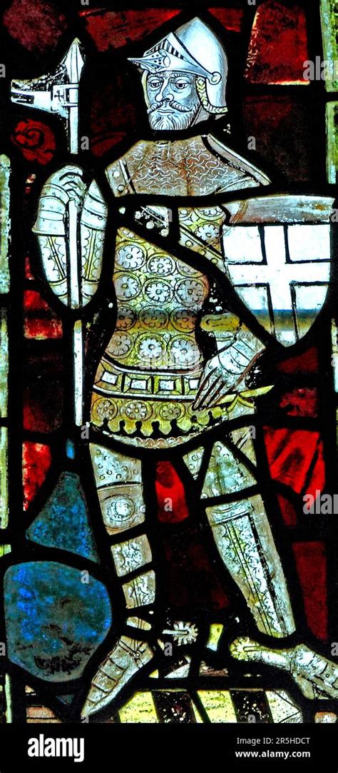 14th Century Stained Glass Window Medieval Knight In Armour Castle Acre Norfolk England Uk