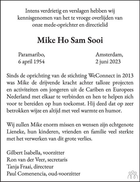 Mike Ho Sam Sooi Overlijdensbericht En Condoleances