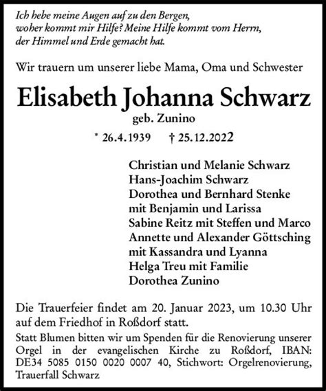 Traueranzeigen Von Elisabeth Johanna Schwarz Vrm Trauer De