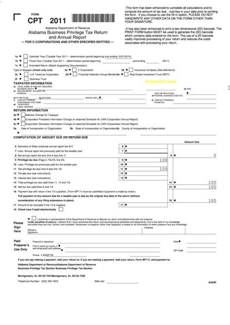 Fillable Form Cpt Alabama Business Privilege Tax Return