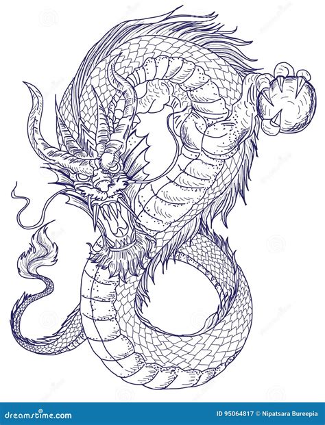 Hand Drawn Dragon Tattoo Coloring Book Japanese Style Stock Vector