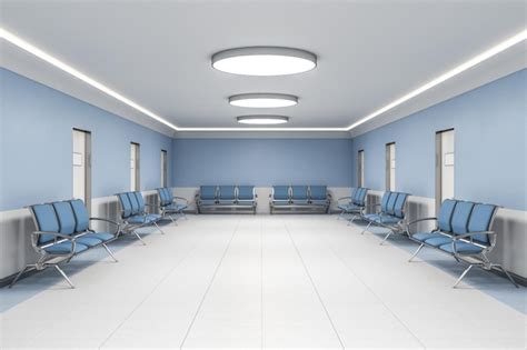 Sala de espera contemporánea en el interior del hospital azul Foto